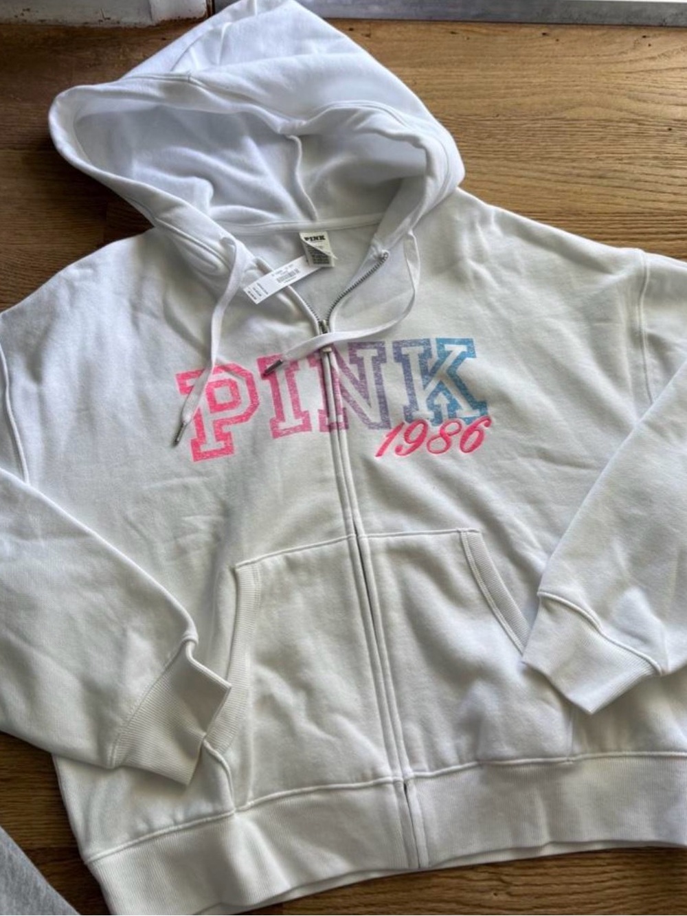 PINK Victoria's Secret White Zip Front Hoodie with Pink & Blue Logo